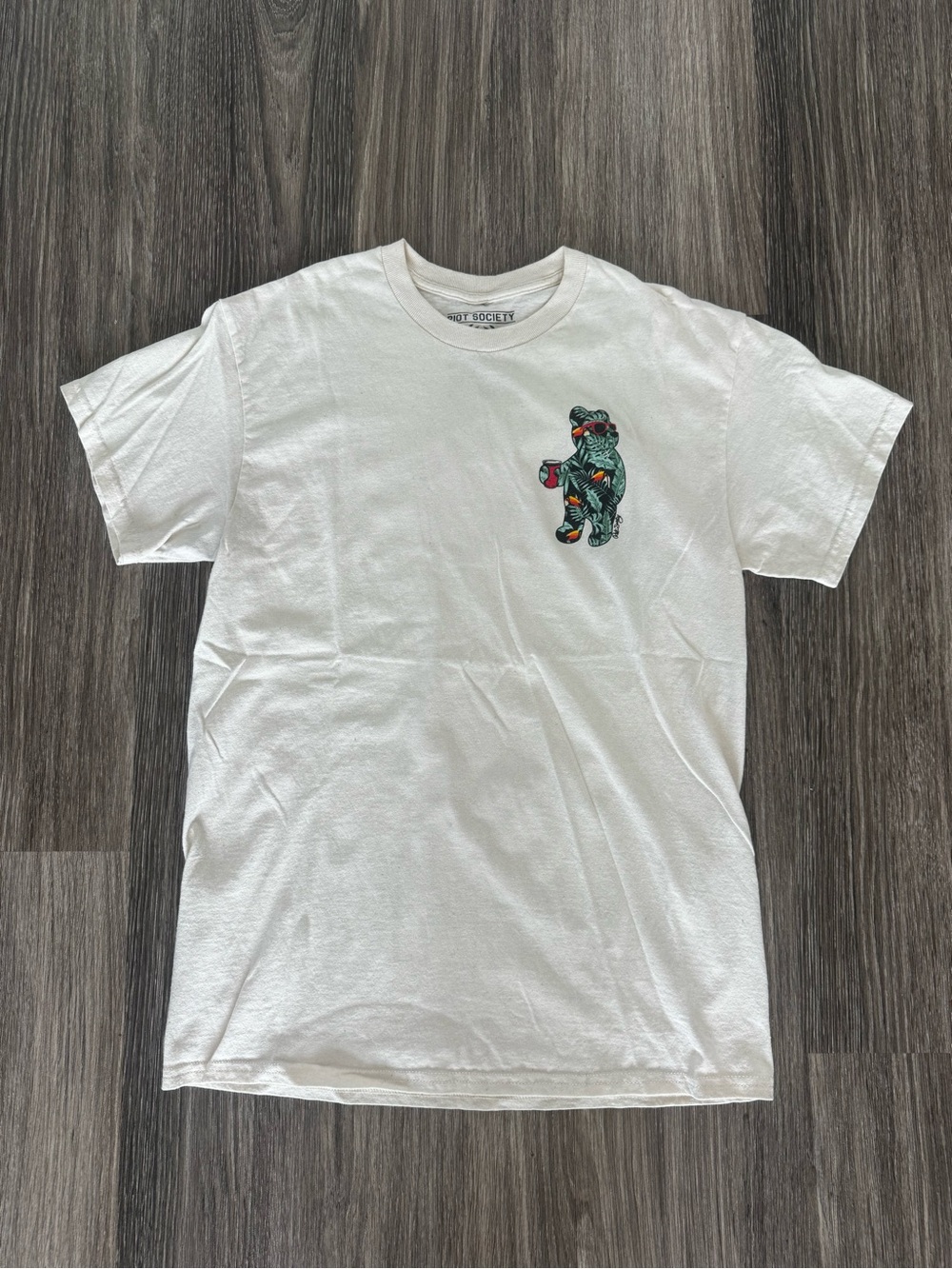 riot society White Tee with Multicolor Bear Chest Graphic